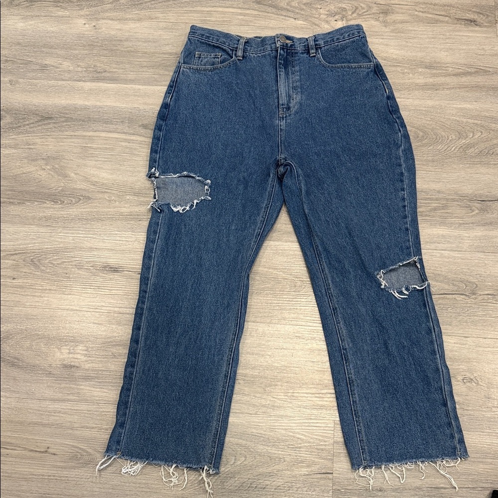 OAK + FORT Distressed Straight Leg Jeans in Dark Blue size 32